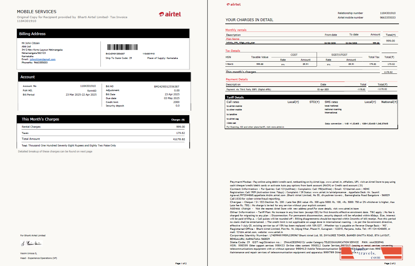 India airtel utility bill template in Word and PDF formats, 2 pages, version 3